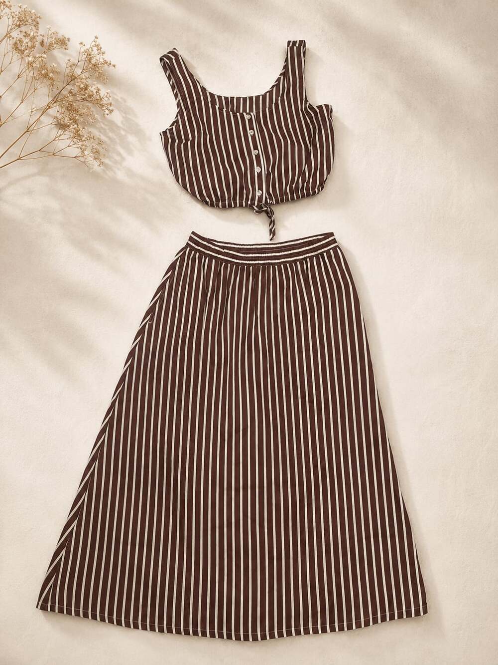 Love Tree Small  Brown Striped 2-Piece Crop Top and Maxi Skirt Set  NWT